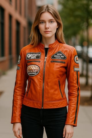 Chaqueta de cuero naranja con insignias de carreras de motociclista para mujer - Eastleigh