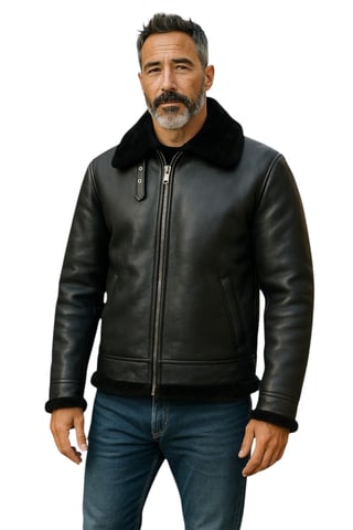 Chaqueta de aviador B3 negra de piel de oveja auténtica para hombre - Oxford