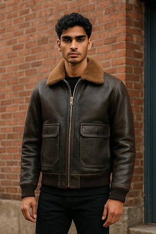 Chaqueta de piloto G-1 de cuero marrón con cuello de oveja para hombre - Harbor