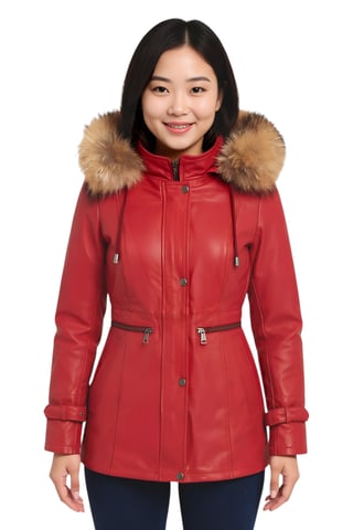 Parka de cuero rojo con capucha para mujer - Putian