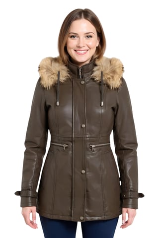 Parka de cuero marrón con capucha para mujer - Charleville