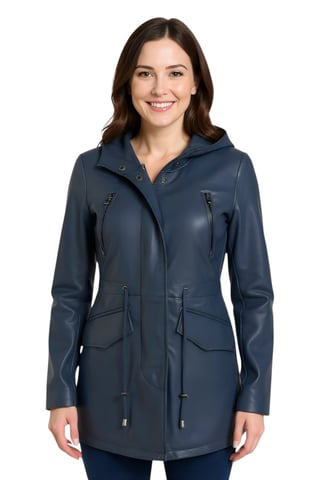 Parka de cuero azul con capucha para mujer - Cairns