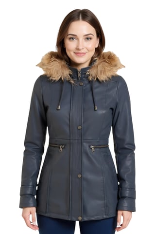 Parka de cuero azul con capucha para mujer - Charleville