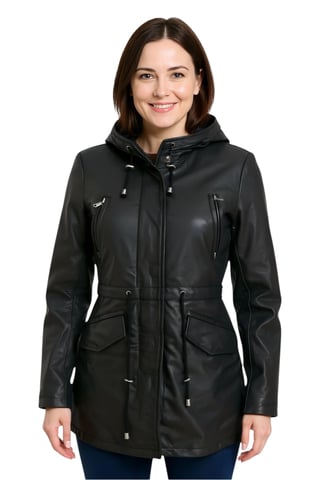 Parka de cuero negra con capucha para mujer - Cairns