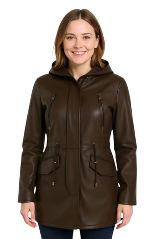 Parka de cuero marrón con capucha para mujer - Cairns