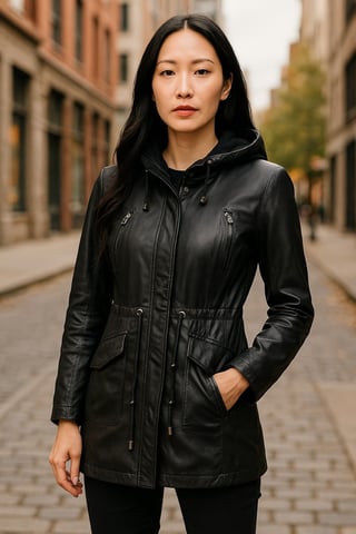 Parka de cuero negra con capucha para mujer - Clare