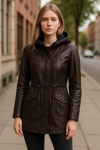 Parka de cuero marrón con capucha para mujer - Clare