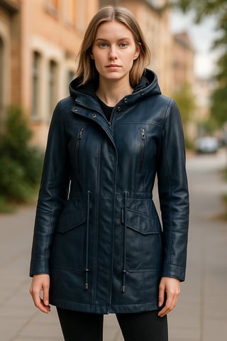 Parka de cuero azul con capucha para mujer - Clare