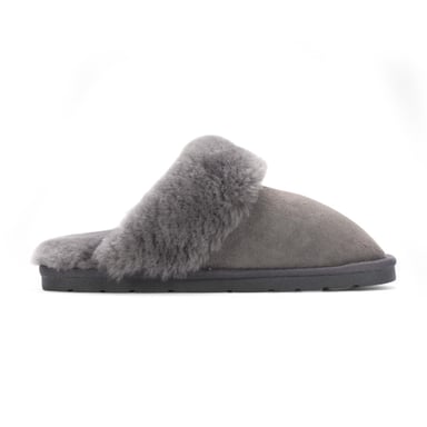 Pantuflas de invierno para mujer de piel de oveja auténtica de ante gris - Luna
