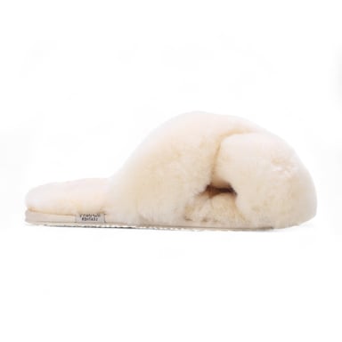 Pantuflas de piel de oveja para mujer, beige, cálidas, de invierno, cruzadas - Snowbelle