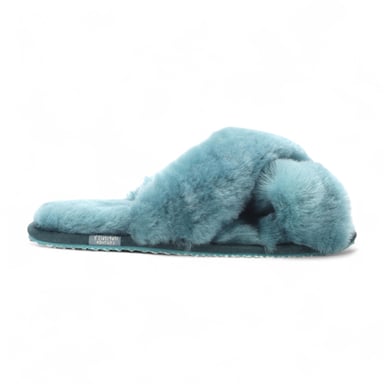 Pantuflas de piel de oveja para mujer, color verde azulado, cálidas y cruzadas con pelo de invierno - Snowbelle