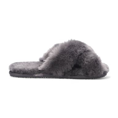 Pantuflas de piel de oveja para mujer, grises, cálidas y cruzadas de invierno - Snowbelle