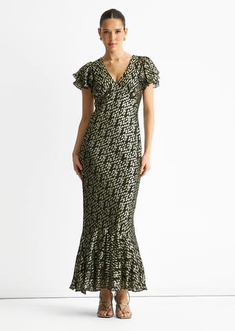 Vestido largo de viscosa verde oscuro con jacquard dorado recortado y corte al bies