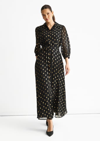 Vestido camisero largo con cinturón de gasa negra metalizada