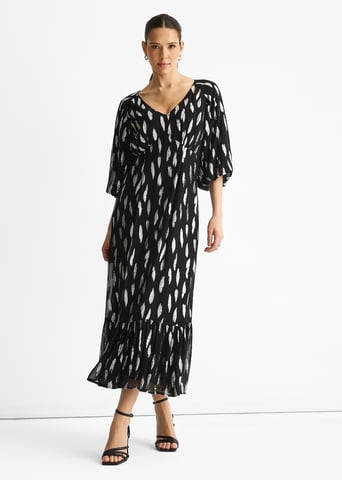 Vestido largo negro de viscosa con mangas abullonadas recortadas