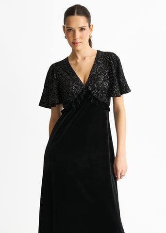 Vestido midi de terciopelo premium con top de lentejuelas negras para ocasiones especiales