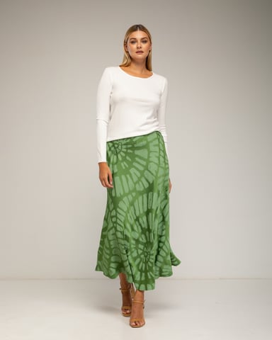 Falda midi con seda, estampado geometrico