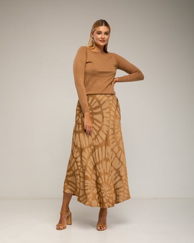 Falda midi con seda, estampado geometrico