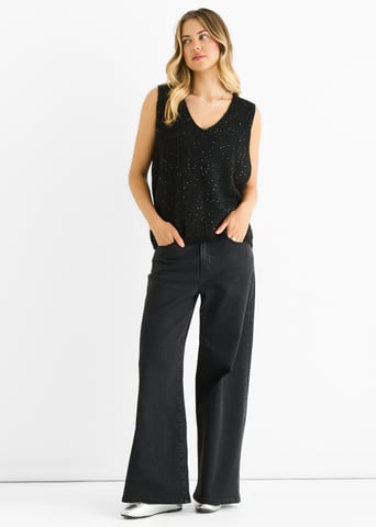 Jersey de punto con cuello en V y lentejuelas negras brillantes
