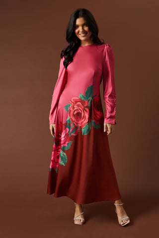 Premium Satin Placement Print Button Detail Maxi Dress