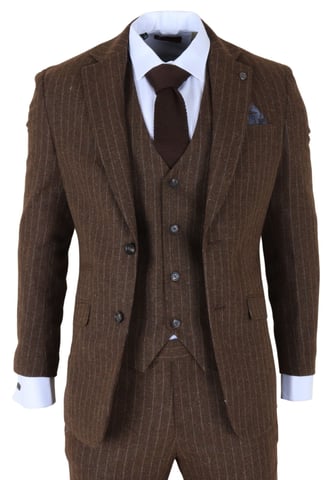 Traje de noche formal de tres piezas de raya diplomática marrón para hombre