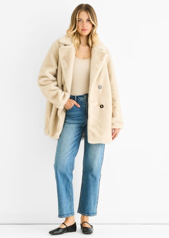 Chaqueta larga cruzada de pelo sintético beige