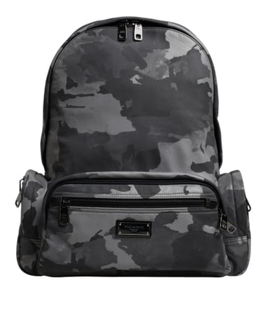 Mochila de tela de algodón gris con logotipo de camuflaje