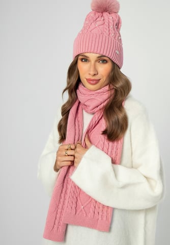 Gorro de mujer Wittchen con pompón y perlas de viscosa rosa