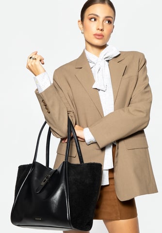 Bolso shopper para mujer Wittchen con inserciones de pelo, negro, piel ecológica