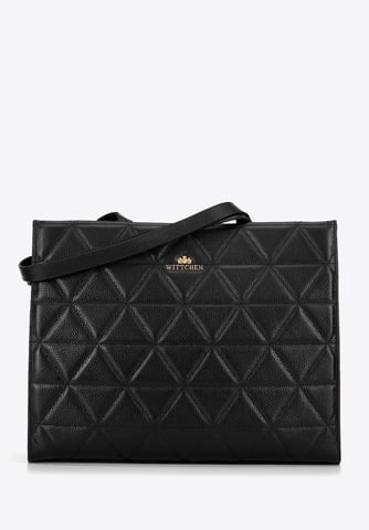 Bolso shopper de mujer Wittchen de piel con costuras geométricas, negro y dorado