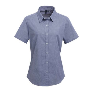 Premier Womens/Ladies Micro Gingham Check Cotton Short-Sleeved Shirt (Navy/White)