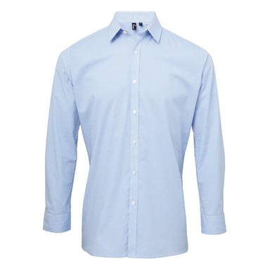 Premier Mens Gingham Micro Checked Long-Sleeved Shirt (Light Blue/White)