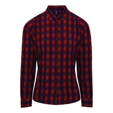 Premier Womens/Ladies Mulligan Checked Cotton Long-Sleeved Shirt (Red/Navy)