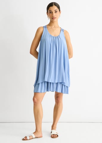 Mini vestido de algodón de doble capa con paneles de croché de denim