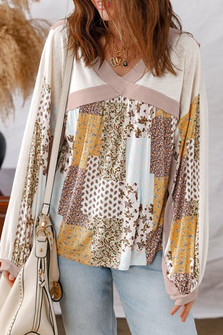Blusa de Manga Larga de Patchwork Floral