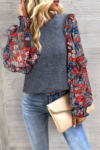 Blusa de Cuello Redondo con Mangas Florales en Volantes en Capas Azul