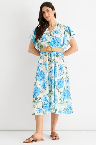 Vestido midi cruzado con cinturón, mangas angelicales y estampado floral azul