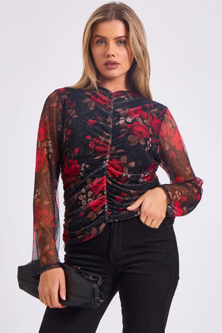 Top con fruncido delantero y estampado de malla