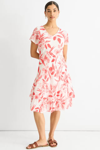 Vestido de algodón con estampado floral rojo y cuello en V