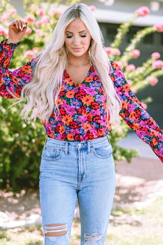 Body de manga larga con escote en V y estampado floral
