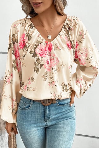 Blusa de cuello en V con mangas de linterna y estampado floral beige