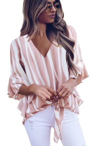 Blusa de manga 3/4 con escote en V y rayas verticales rosas