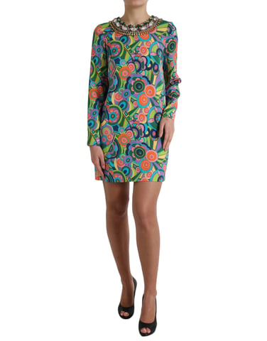 Vestido Mini Op Art con Cuello de Joyas y Manga Larga
