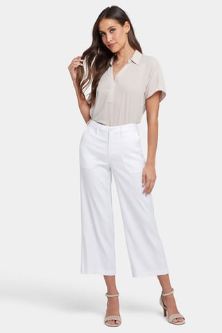 Pantalones Capri Cargo de Pierna Ancha en Lino Elástico | Blanco Óptico
