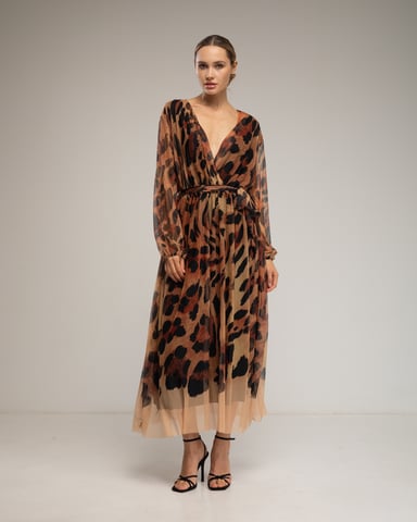 Vestido midi de tul con estampado animal