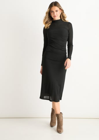 Vestido midi de manga larga en jersey negro fruncido