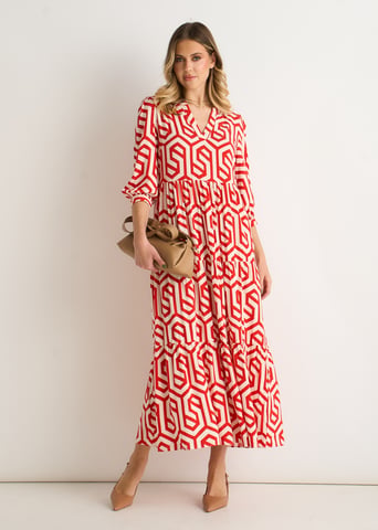 Vestido largo con estampado geométrico rojo