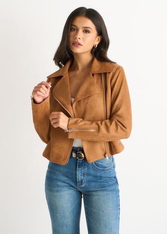 Chaqueta motera de ante sintético marrón
