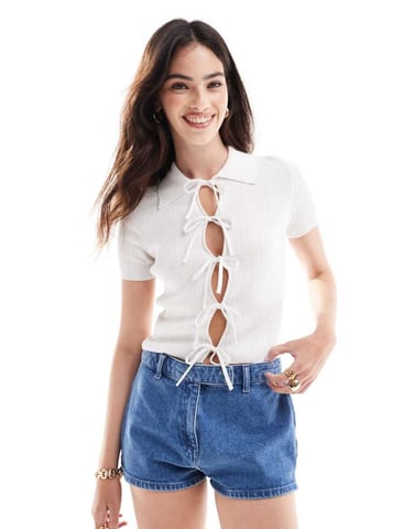 ASOS DESIGN stickad cardigan med knyt framtill och krage i vitt