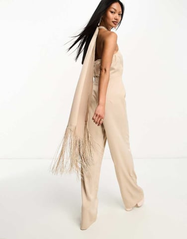 In The Style x Georgia Louise fransad sjaldetalj bred ben jumpsuit i stengrå